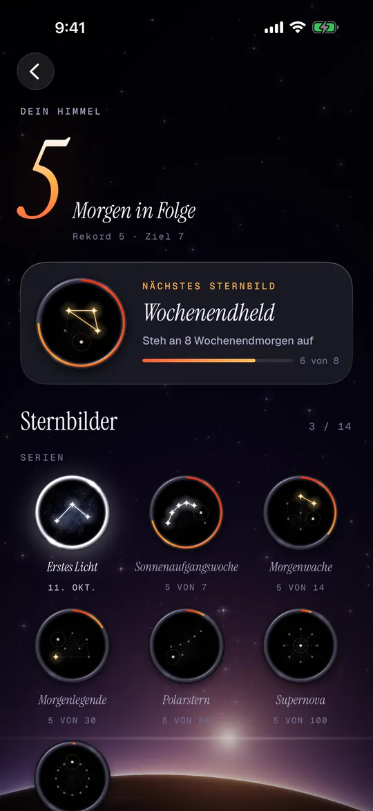 Serien-Bildschirm mit fünf Morgen in Folge und Sternbild-Medaillen