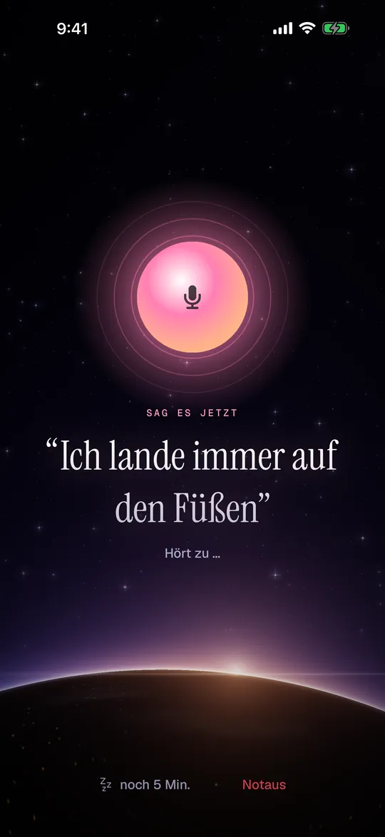 Weckbildschirm, der den Satz laut hören will, mit Schlummern und Notfall-Aus