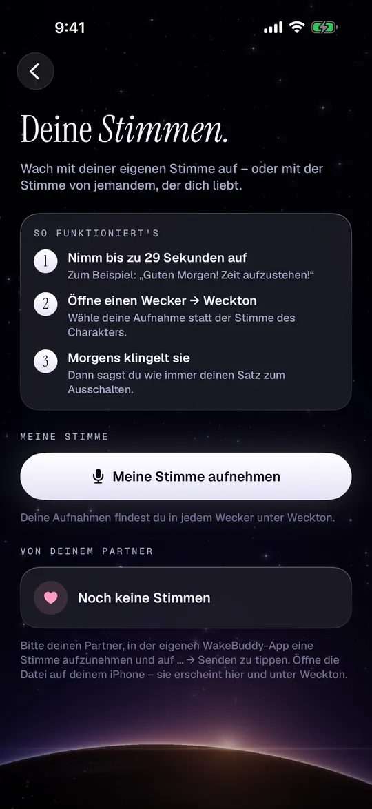 Bildschirm „Deine Stimmen“ zum Aufnehmen der eigenen Weckstimme