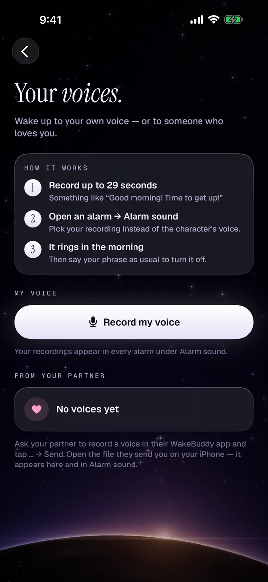 Your voices screen for recording your own alarm voice