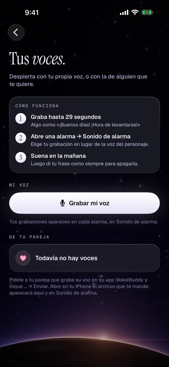 Pantalla Tus voces para grabar tu propia voz de alarma
